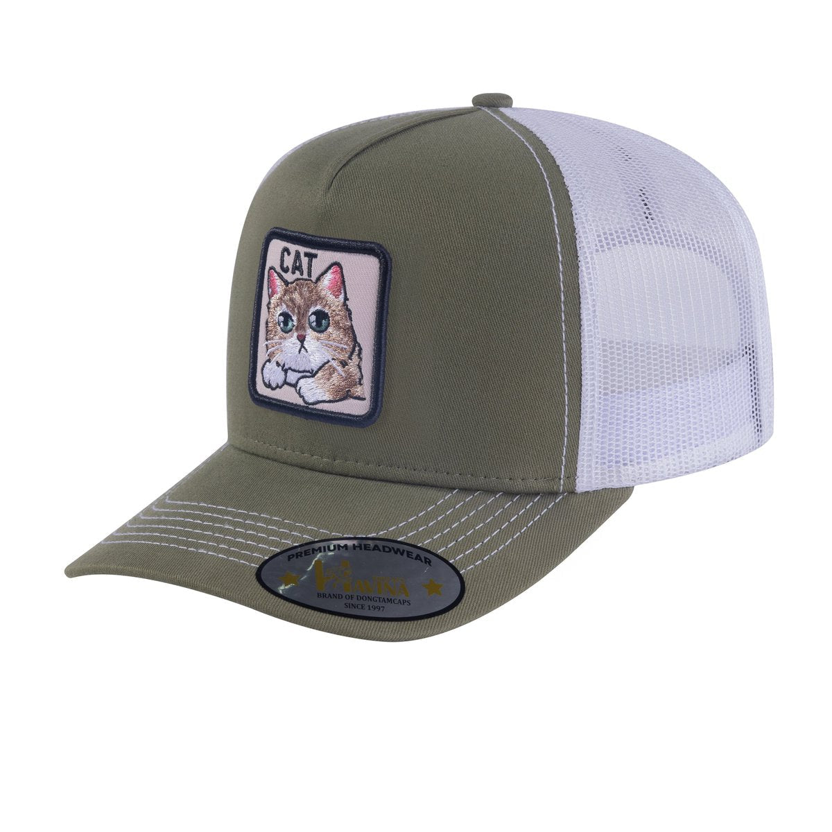 Cat 5-Panel Trucker Hat with Olive front and White back