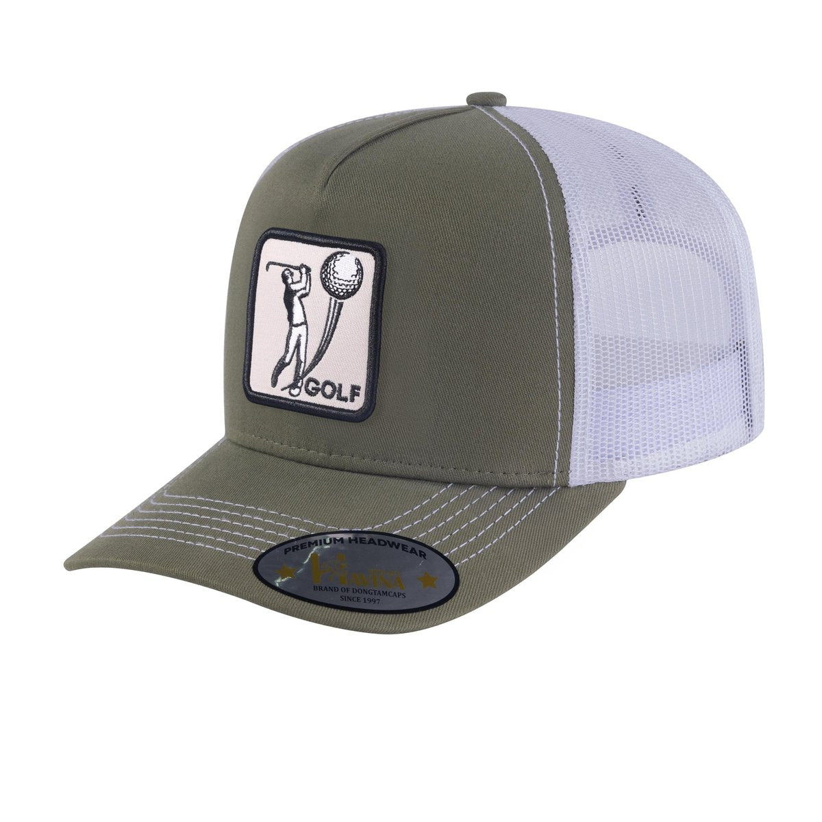 Embroidered Golf - 5 Panel Trucker Hat - Olive Green