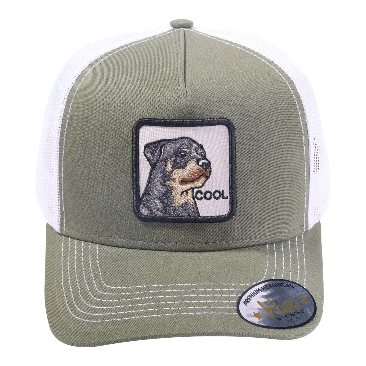 Cool Dog 5-Panel Trucker Hat with Olive front and White back