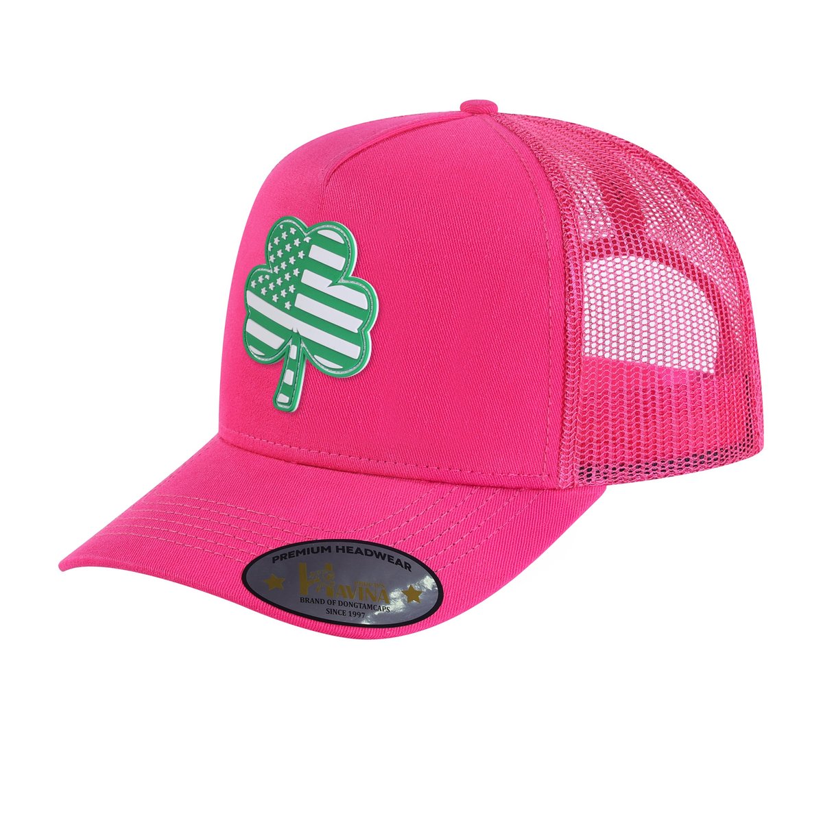 St. Patrick's Day Four Leaf Shamrock 5-Panel Trucker Hat with Pink front and Pink back