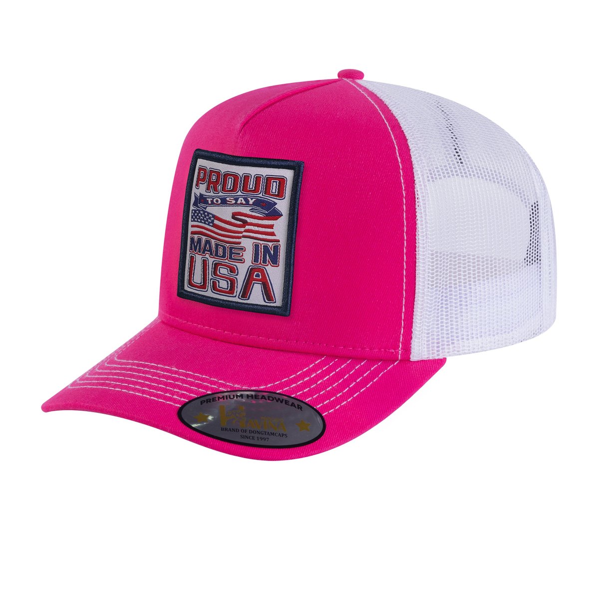 Proud to Say Made in USA 5-Panel Trucker Hat with Pink front and White back
