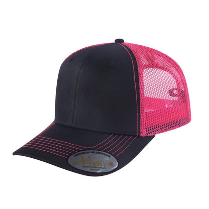 Blank 6-Panel Trucker Hat with Black front and Pink back