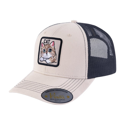 Cat 6-Panel Trucker Hat with Beige front and Black back