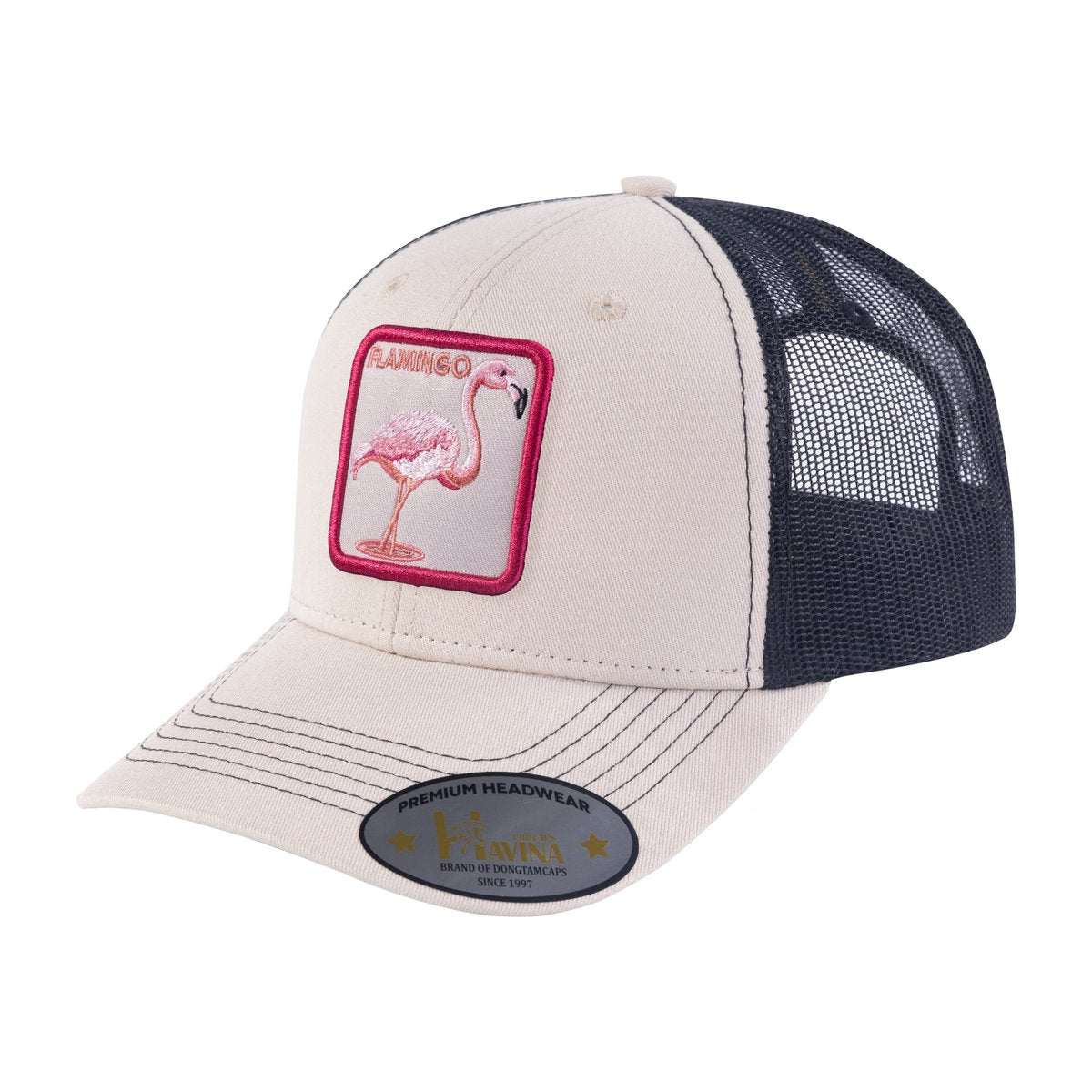 Flamingo 6-Panel Trucker Hat with Beige front and Black back