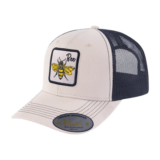Bee 6-Panel Trucker Hat with Beige front and Black back