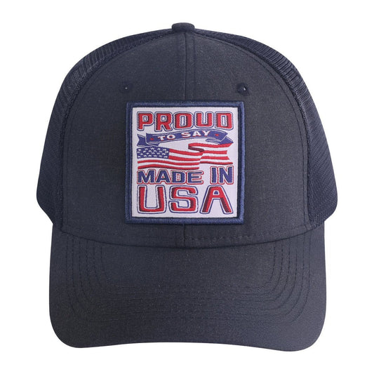 Proud to Say Made in USA 6-Panel Trucker Hat with Black front and Black back