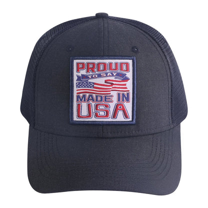 Proud to Say Made in USA 6-Panel Trucker Hat with Black front and Black back