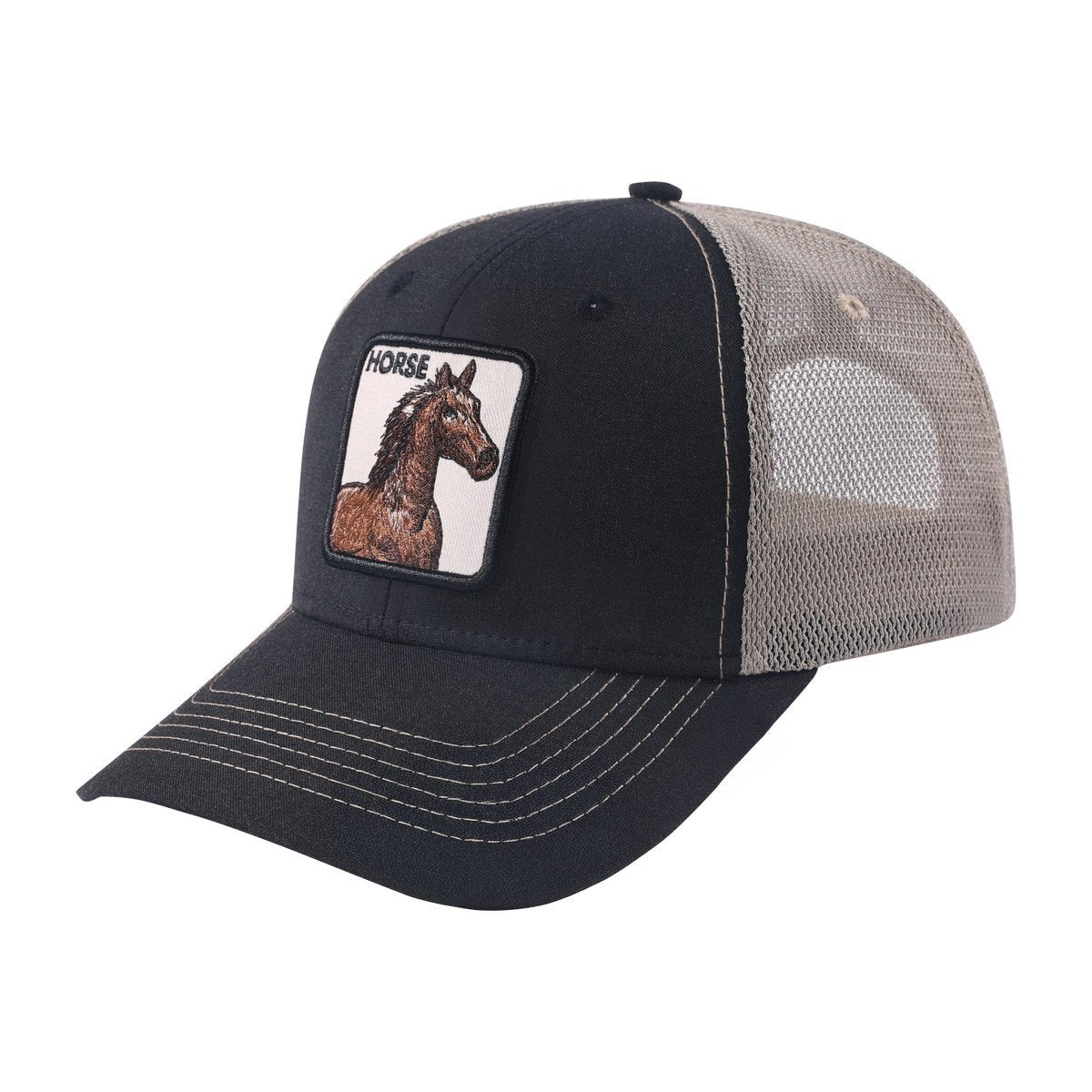 Horse 6-Panel Trucker Hat with Black front and Light Grey back