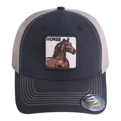 Horse 6-Panel Trucker Hat with Black front and Khaki back