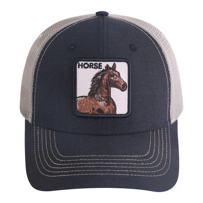 Horse 6-Panel Trucker Hat with Black front and Khaki back