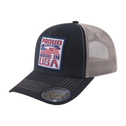 Proud to Say Made in USA 6-Panel Trucker Hat with Black front and Khaki back