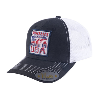 Proud to Say Made in USA 6-Panel Trucker Hat with Black front and White back