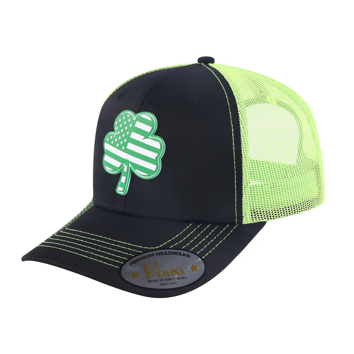 St. Patrick's Day Four Leaf Shamrock 6-Panel Trucker Hat with Black front and Green back
