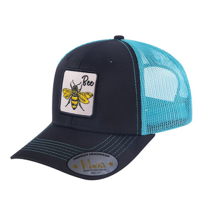 Bee 6-Panel Trucker Hat with Black front and Blue back