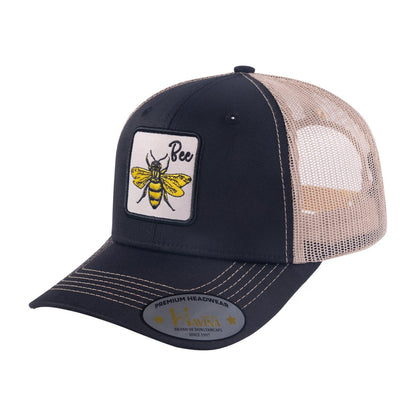 Bee 6-Panel Trucker Hat with Black front and Khaki back