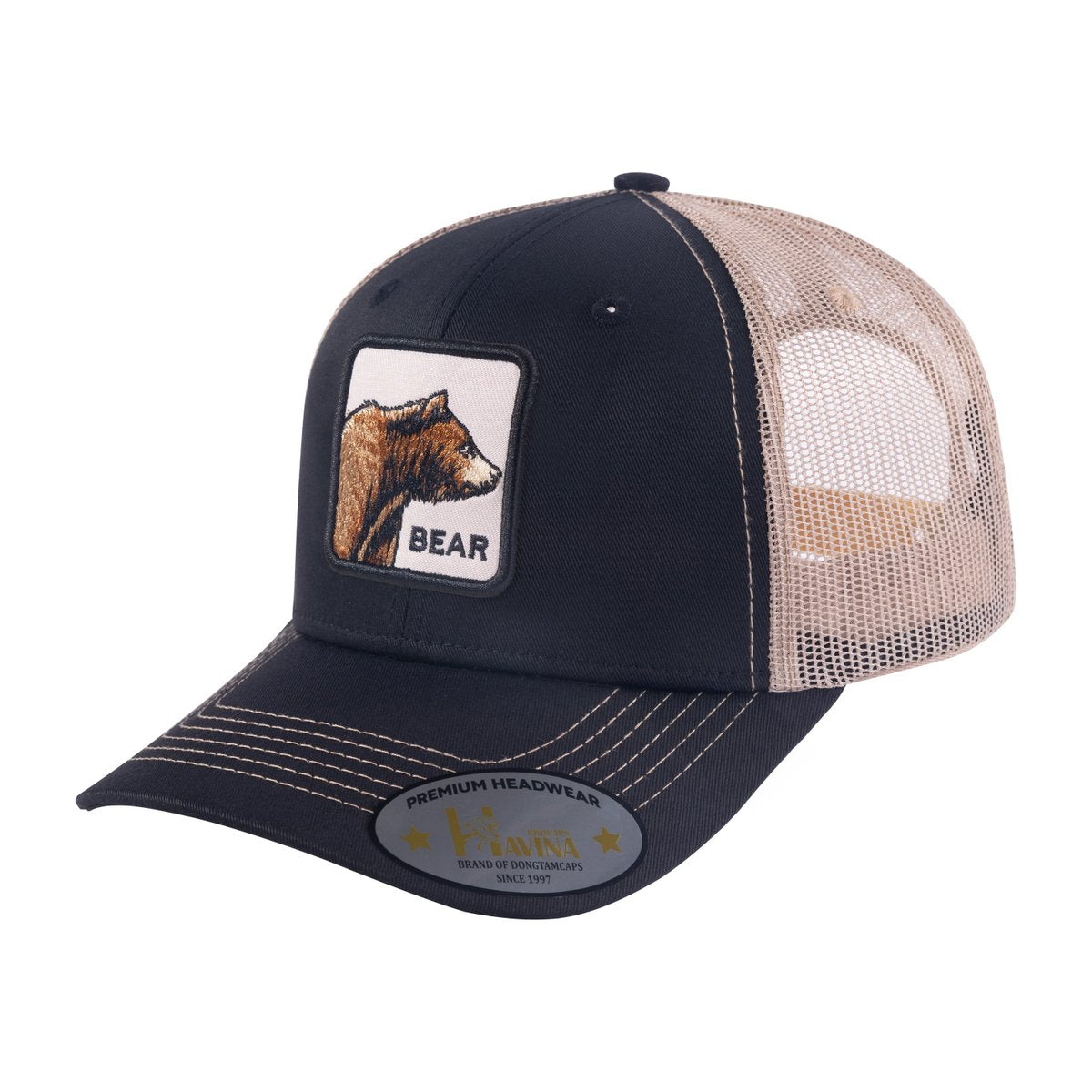Bear 6-Panel Trucker Hat with Black front and Khaki back