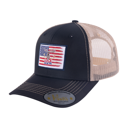 Embroidered Usa Deer Hunter - 6 Panel Trucker Hat - Dark Grey - Dark Gray-K11234Hs