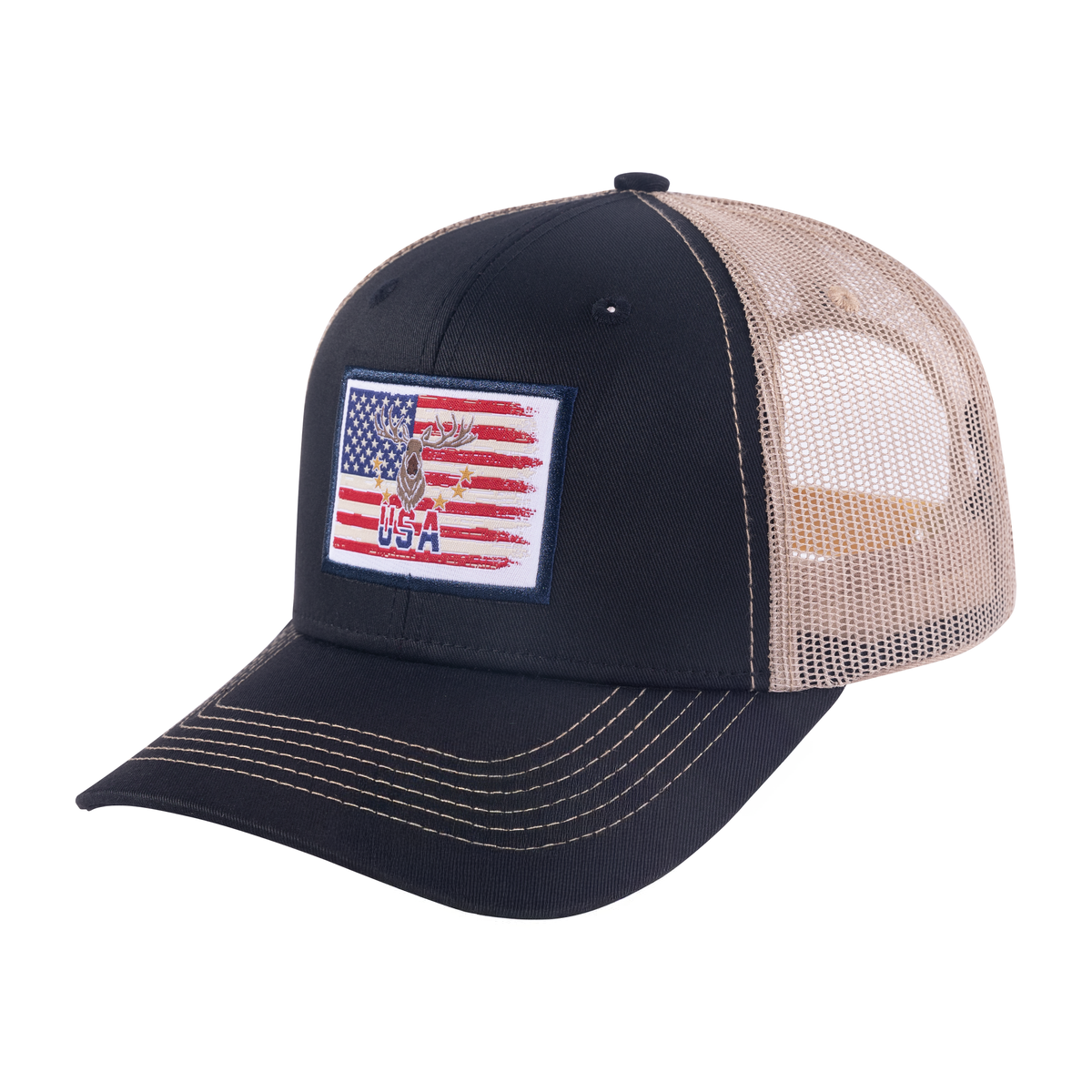 USA Deer Hunter 6-Panel Trucker Hat with Dark Grey front and Khaki back