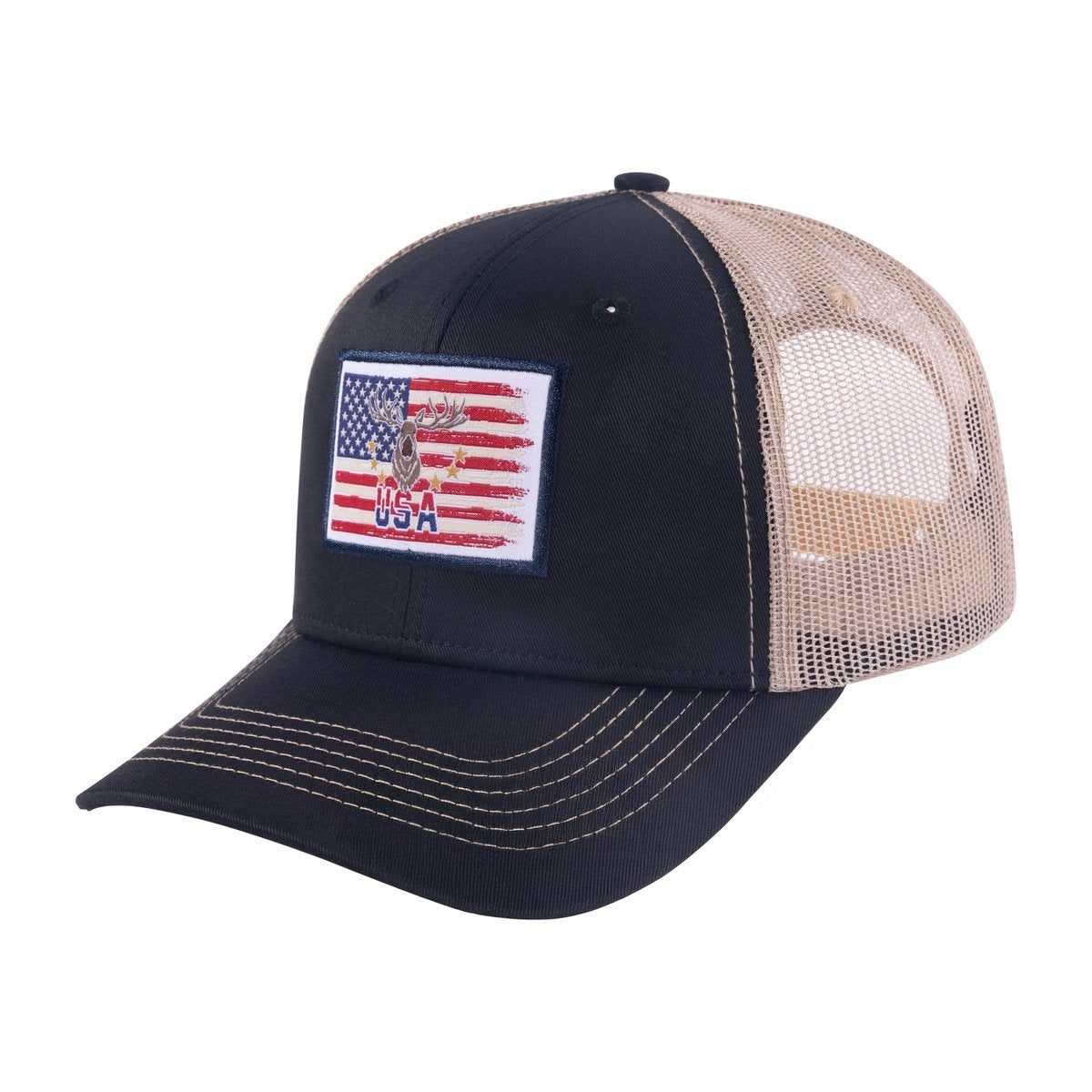 USA Deer Hunter 6-Panel Trucker Hat with Black front and Light Grey back