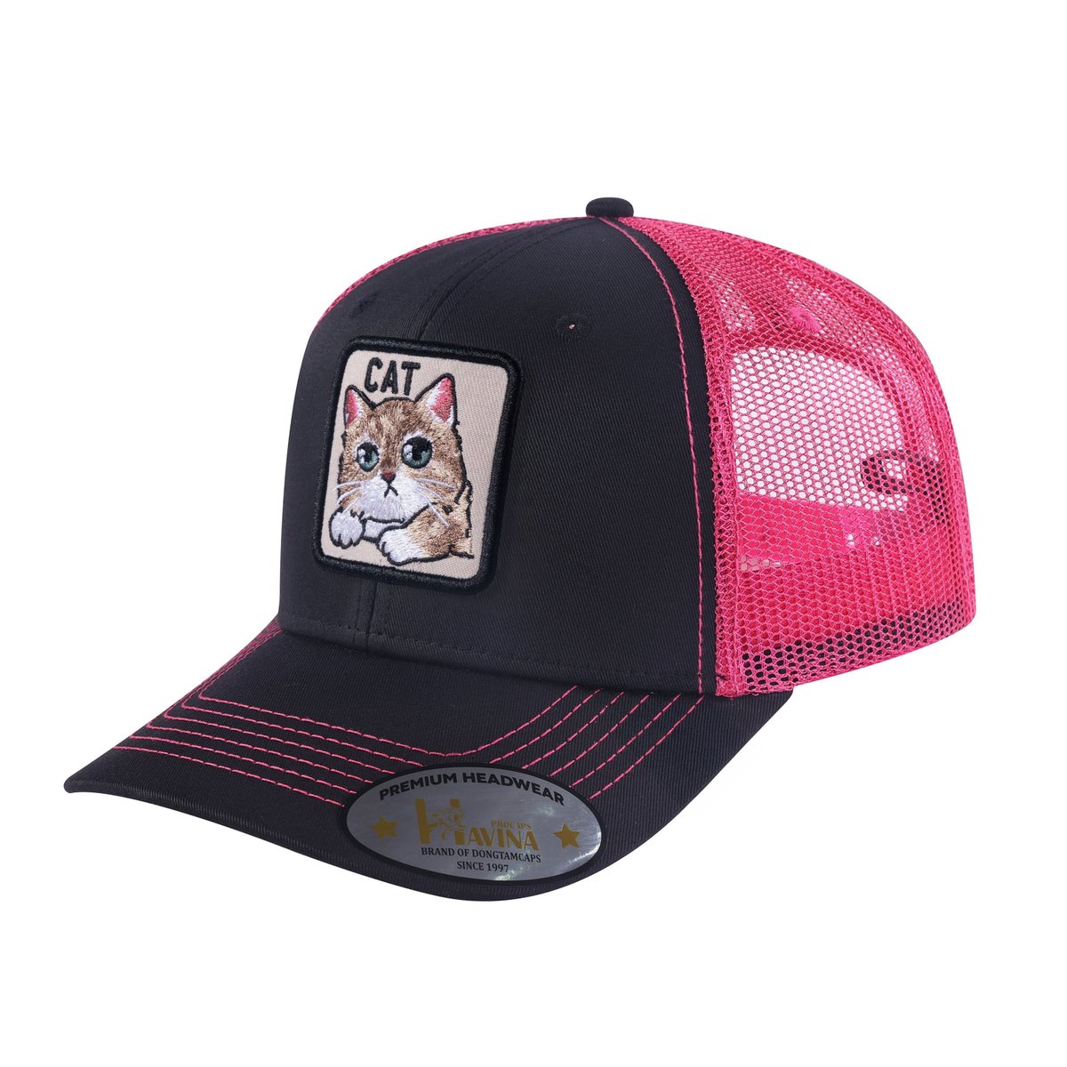 Cat 6-Panel Trucker Hat with Black front and Pink back