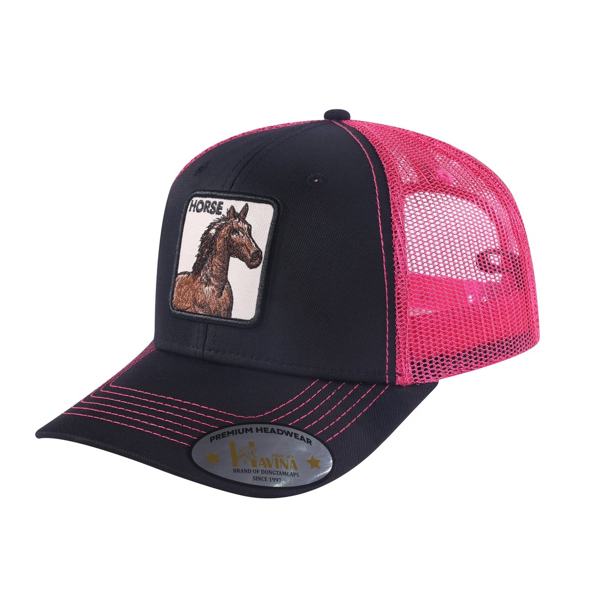 Horse 6-Panel Trucker Hat with Black front and Pink back