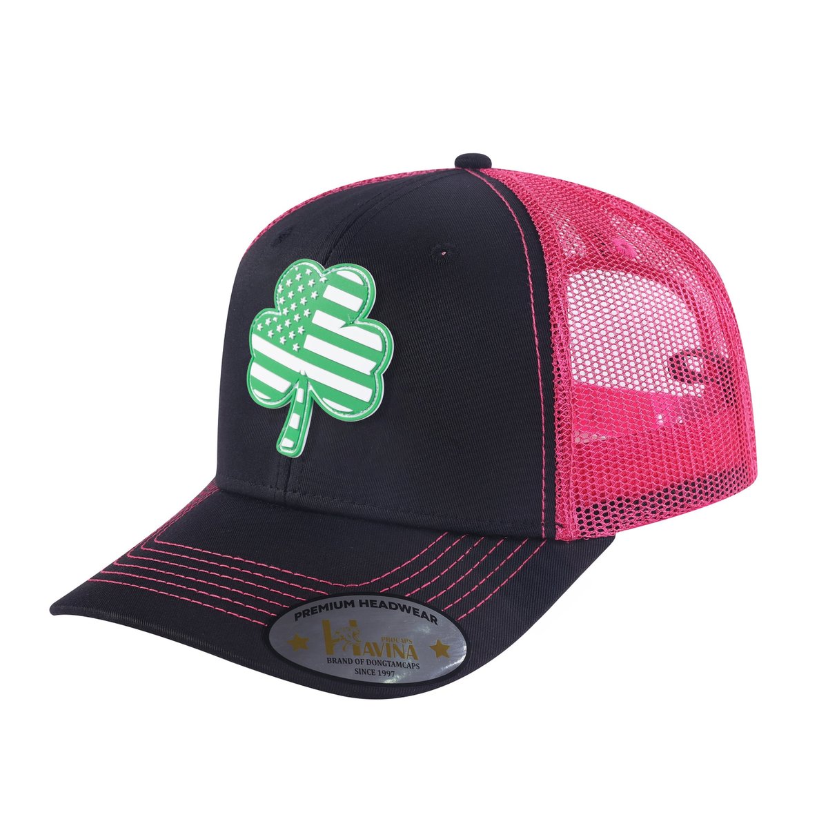 St. Patrick's Day Four Leaf Shamrock 6-Panel Trucker Hat with Black front and Pink back