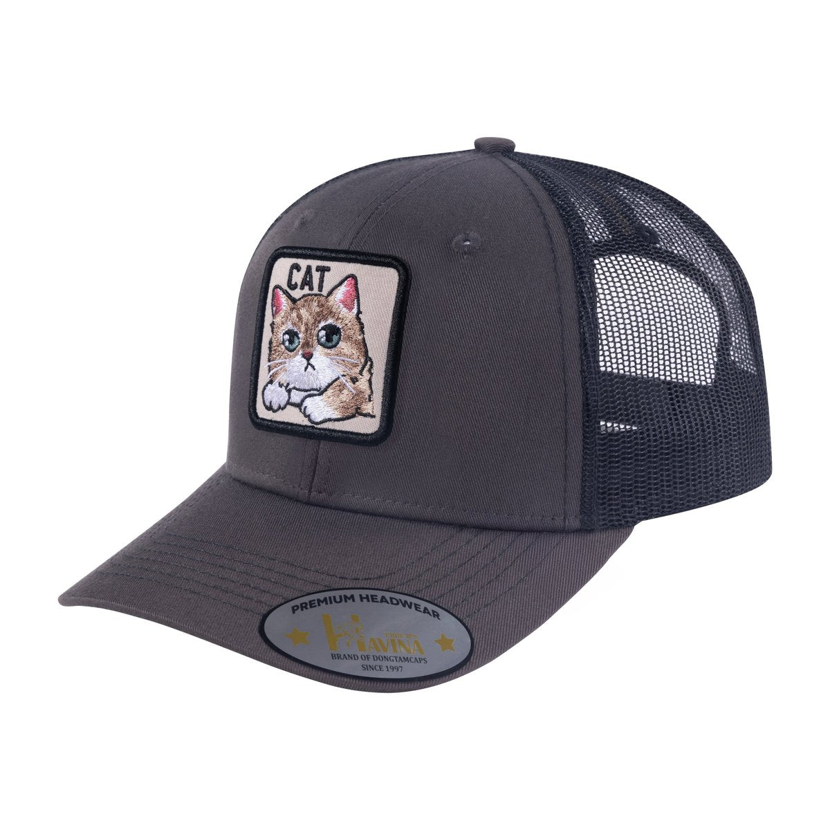 Cat 6-Panel Trucker Hat with Dark Grey front and Black back