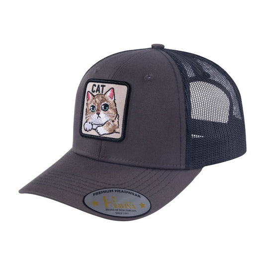Cat 6-Panel Trucker Hat with Dark Grey front and Black back