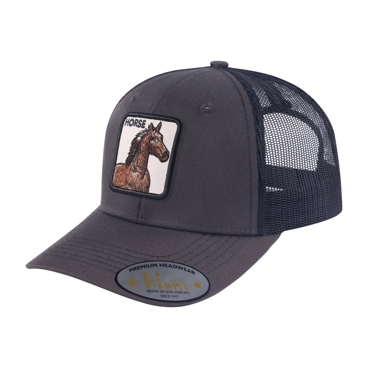 Horse 6-Panel Trucker Hat with Dark Grey front and Black back