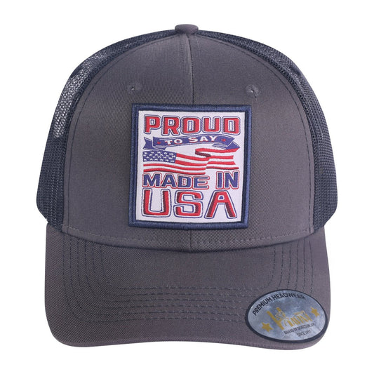 Embroidered Proud To Say Made In US - 6 Panel Trucker Hat - Dark Grey