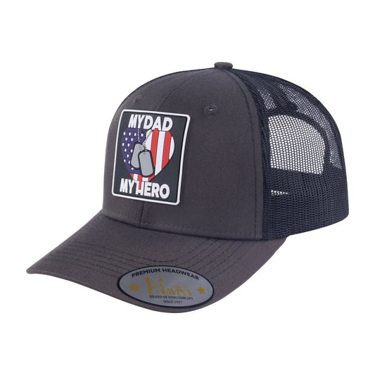 My Dad My Hero 6-Panel Trucker Hat with Dark Grey front and Black back