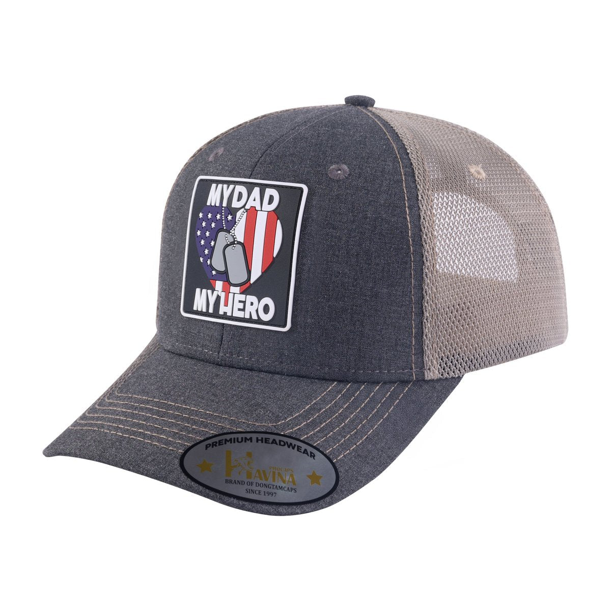 My Dad My Hero 6-Panel Trucker Hat with Dark Grey front and Khaki back