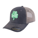 St. Patrick's Day Four Leaf Shamrock 6-Panel Trucker Hat with Dark Grey front and Khaki back