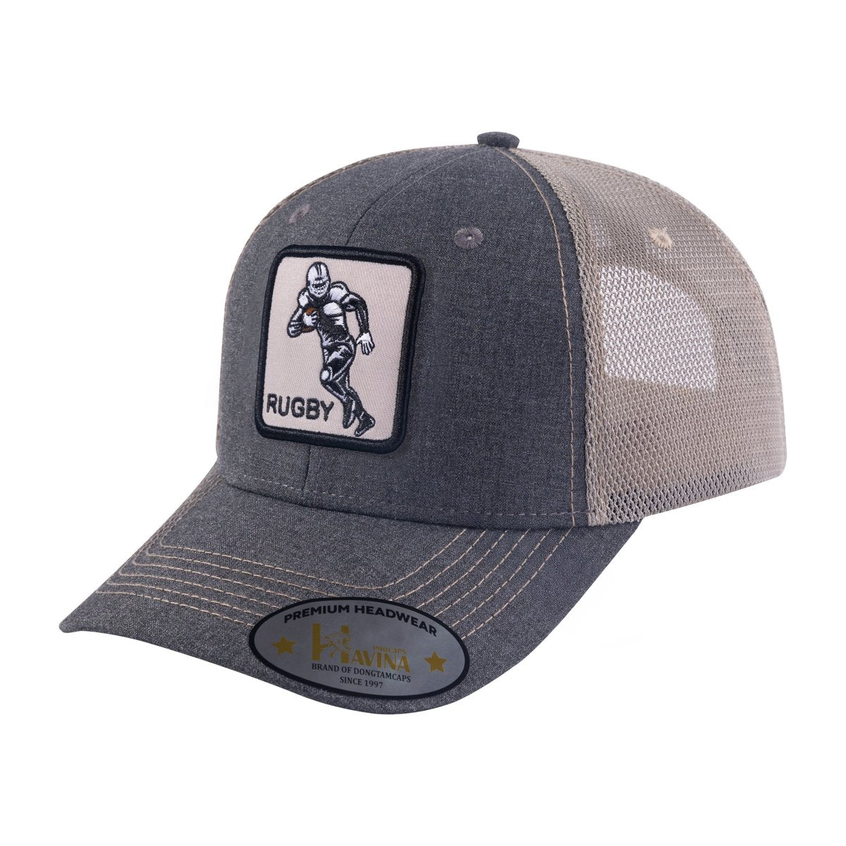 Rugby 6-Panel Trucker Hat with Dark Grey front and Khaki back