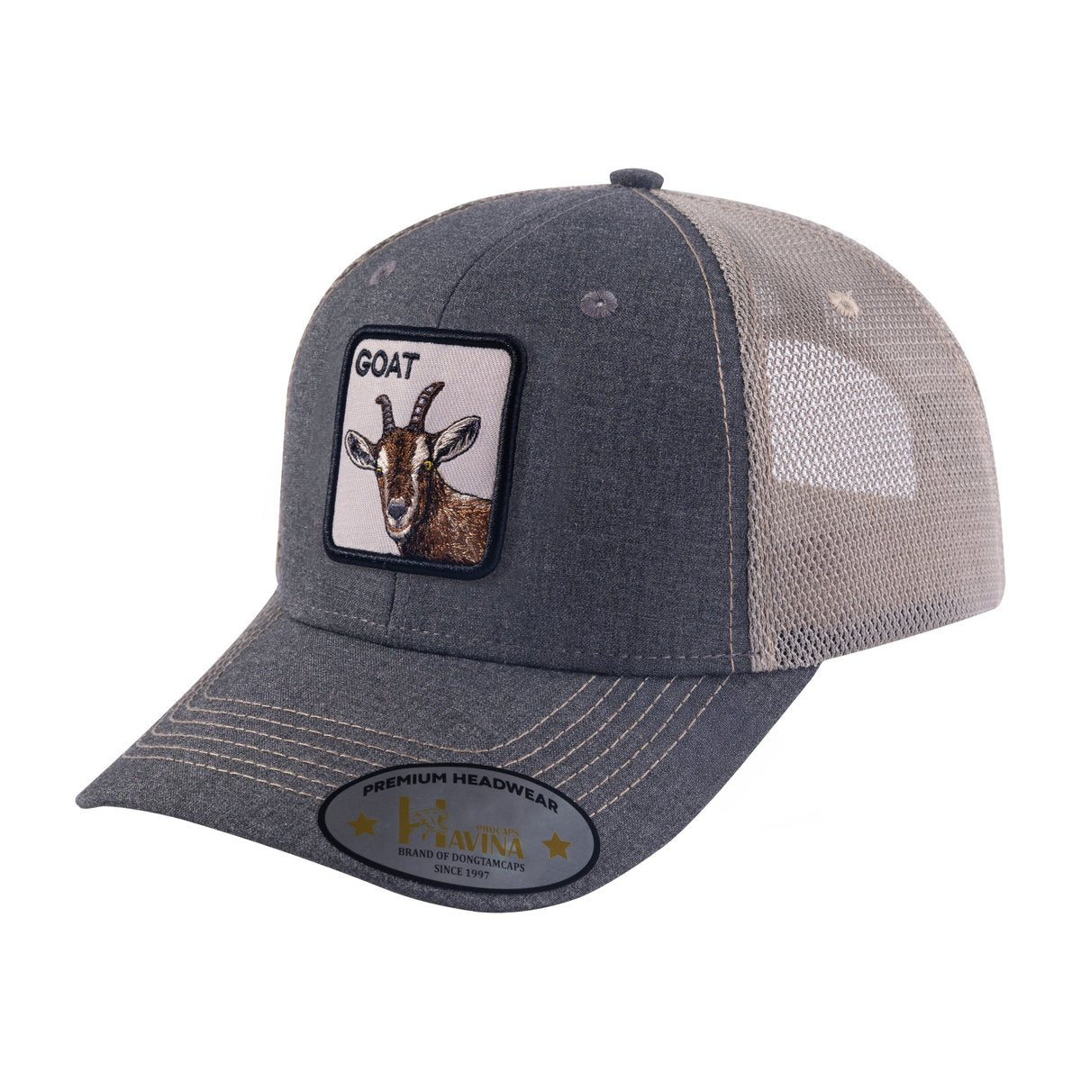 Goat 6-Panel Trucker Hat with Dark Grey front and Khaki back