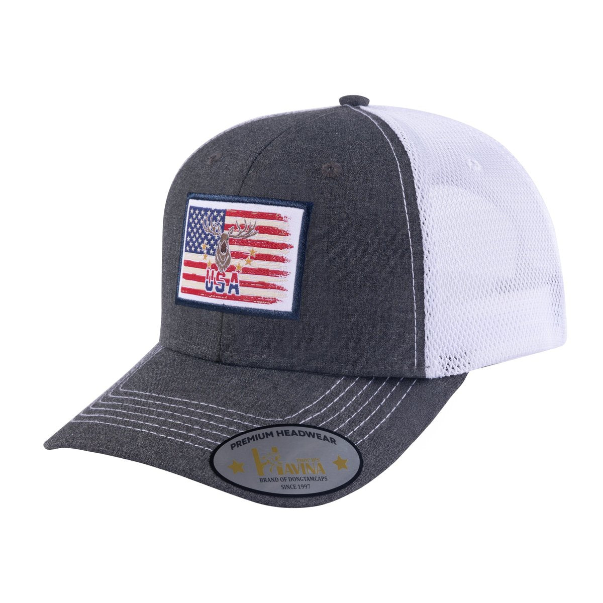 USA Deer Hunter 6-Panel Trucker Hat with Dark Grey front and White back