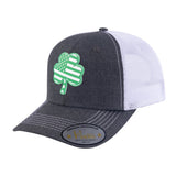 St. Patrick's Day Four Leaf Shamrock 6-Panel Trucker Hat with Dark Grey front and White back