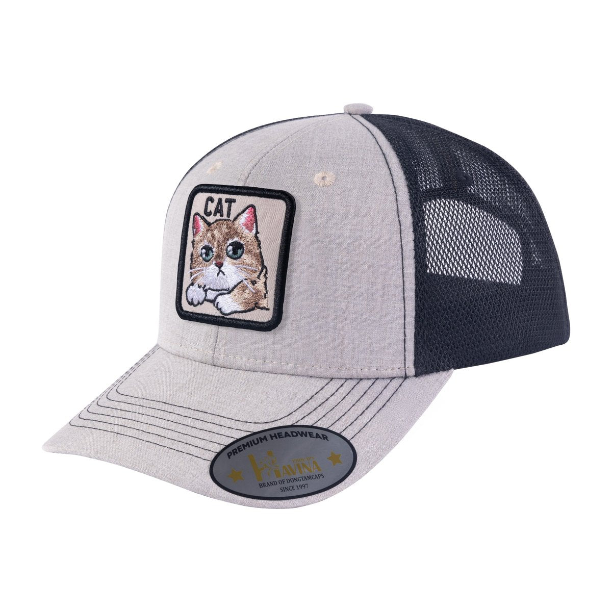 Cat 6-Panel Trucker Hat with Khaki front and Black back