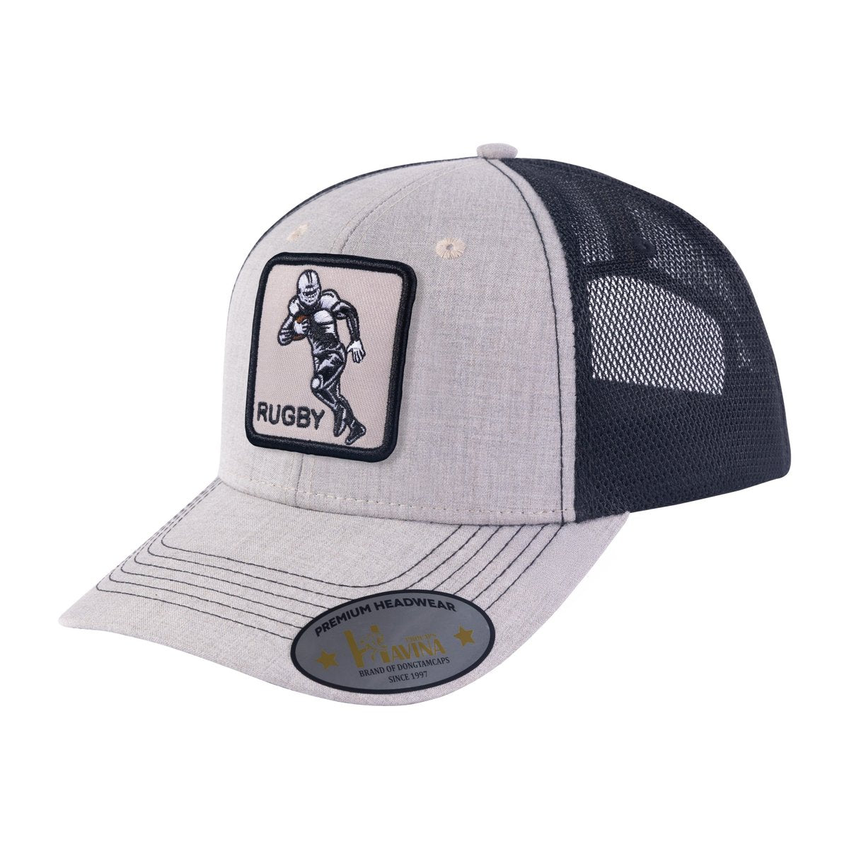 Rugby 6-Panel Trucker Hat with Khaki front and Black back