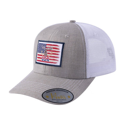 USA Deer Hunter 6-Panel Trucker Hat with Khaki front and White back