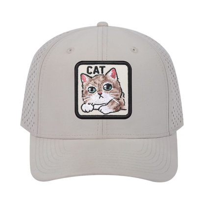 Cat 6-Panel Microfiber Laser Hole Trucker Hat with Beige front and Beige back