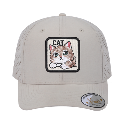 Cat 6-Panel Microfiber Laser Hole Trucker Hat with Beige front and Beige back