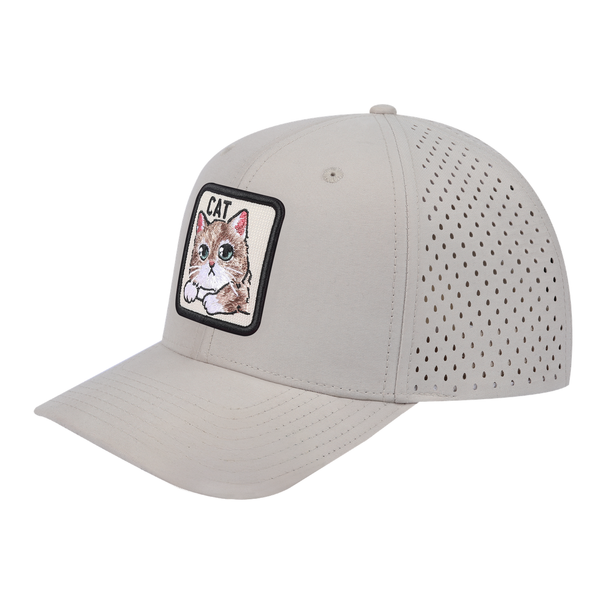 Cat 6-Panel Microfiber Laser Hole Trucker Hat with Beige front and Beige back