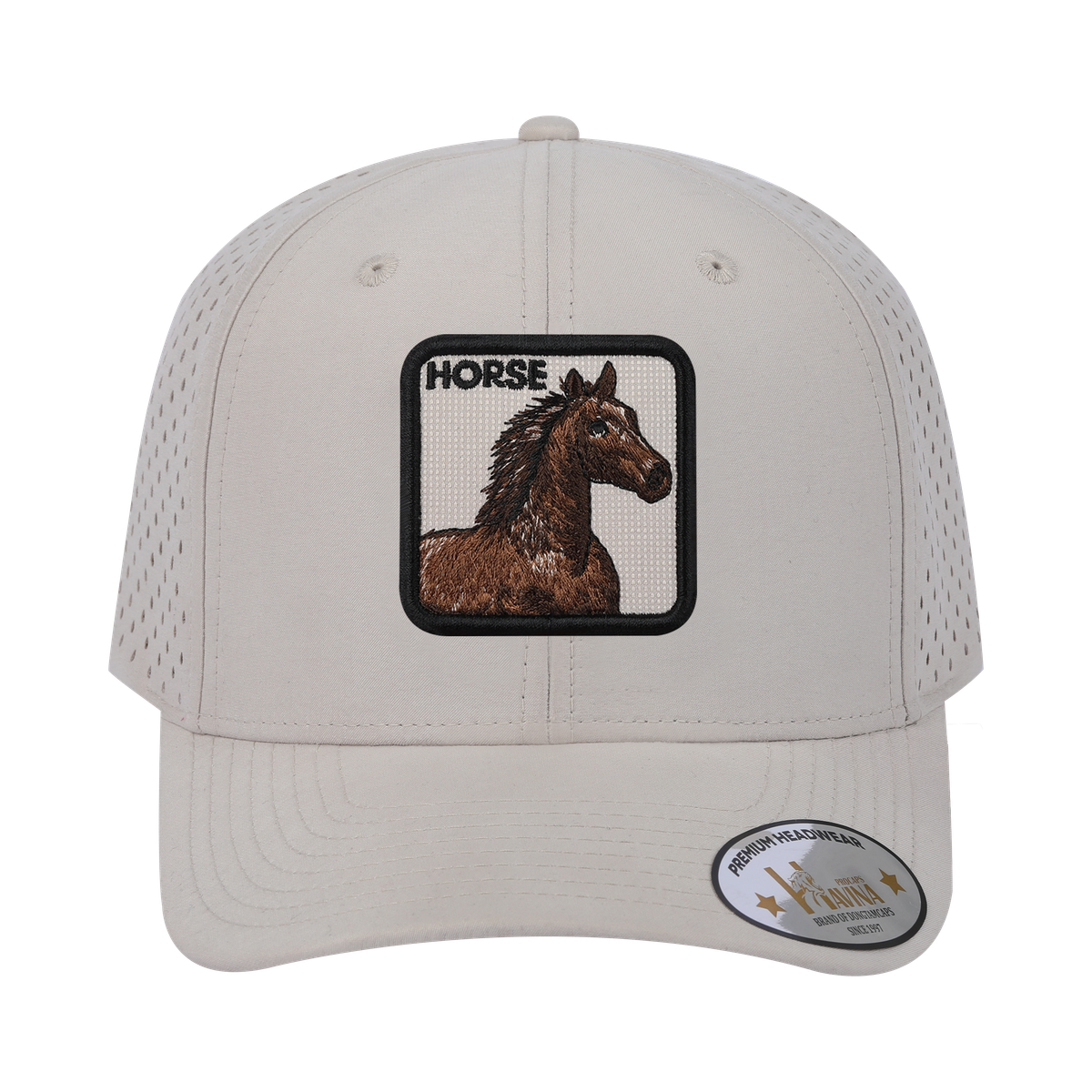 Horse 6-Panel Microfiber Laser Hole Trucker Hat with Beige front and Beige back