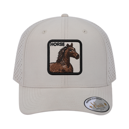 Horse 6-Panel Microfiber Laser Hole Trucker Hat with Beige front and Beige back