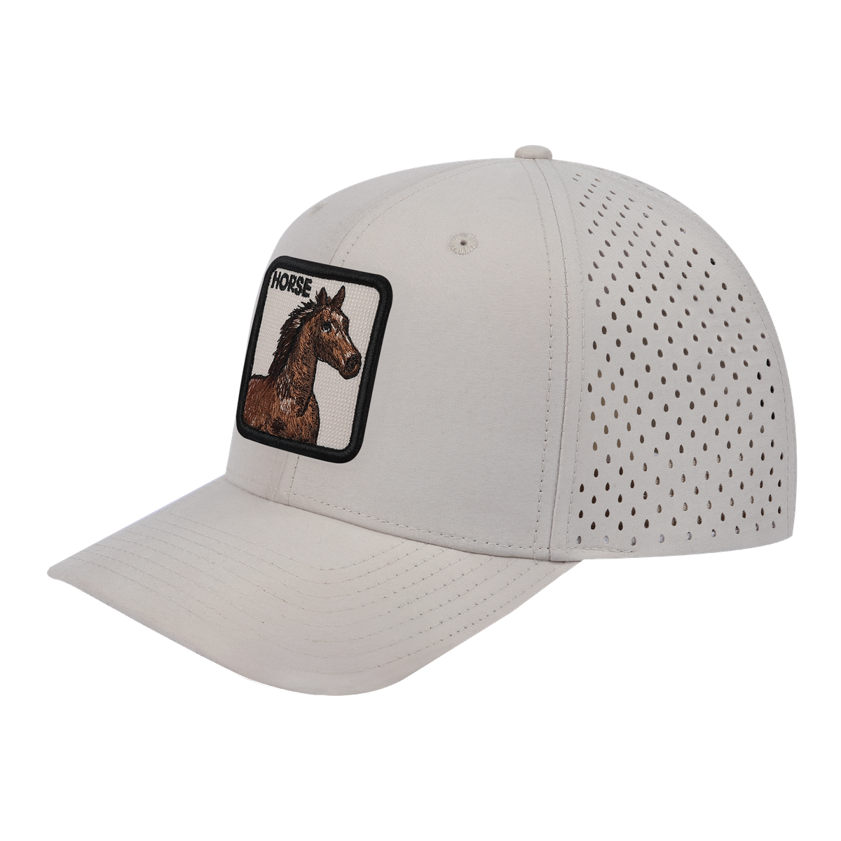 Horse 6-Panel Microfiber Laser Hole Trucker Hat with Beige front and Beige back