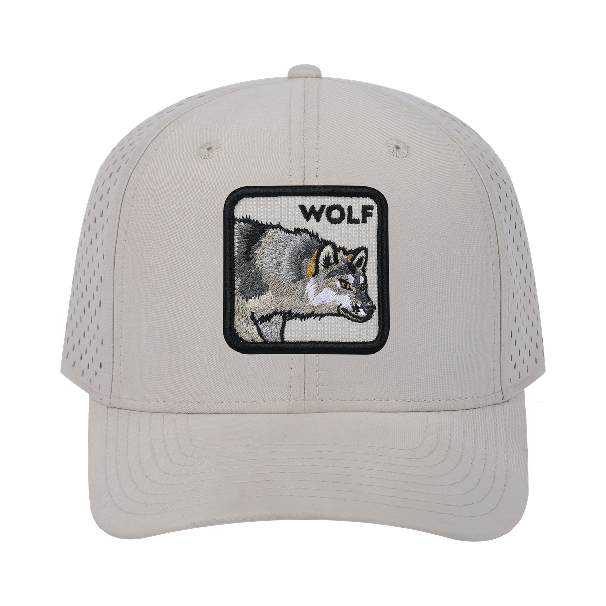Wolf 6-Panel Microfiber Laser Hole Trucker Hat with Beige front and Beige back