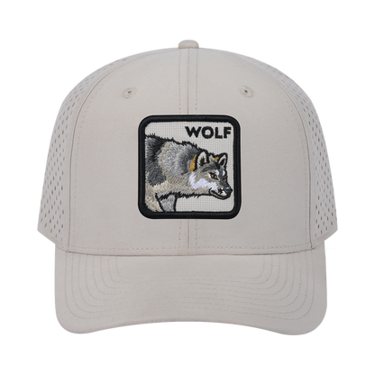 Wolf 6-Panel Microfiber Laser Hole Trucker Hat with Beige front and Beige back