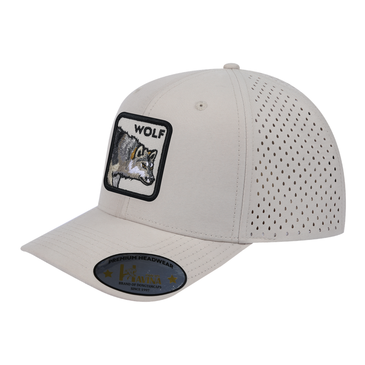 Embroidered The Wolf - 6 Panel Microfiber Laser hole Trucker Hat - Beige/Beige
