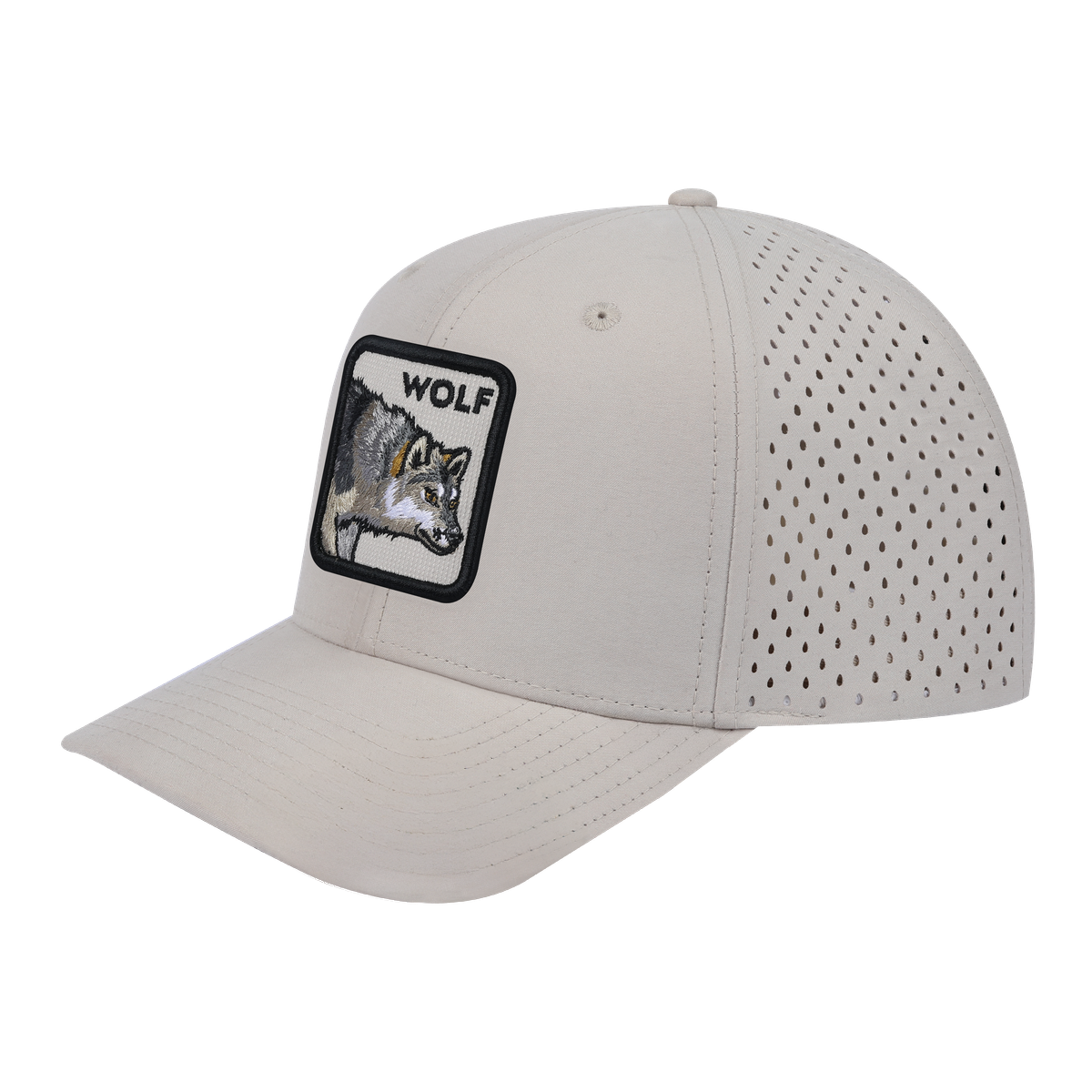 Wolf 6-Panel Microfiber Laser Hole Trucker Hat with Beige front and Beige back